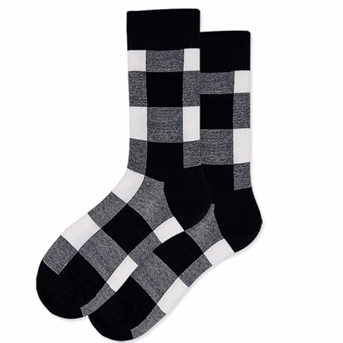 Buffalo Plaid Cotton Crew Socks - Warm Hiking Casual 2-Pairs - Black+Black (10-14)