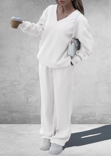 PRETTYGARDEN Women's 2-Piece Fall Sweatsuit Outfit Set - Medium White