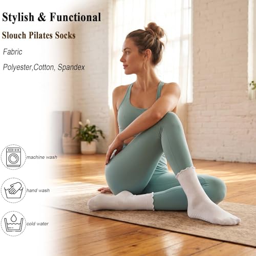 Grip Socks for Women - 6 Pairs Cute Ruffle Non-Slip Cotton - White, Grey, Pink
