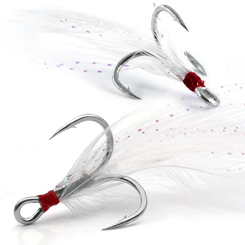 15Pcs Feathered Treble Hooks - Premium Carbon Steel, Size 8#