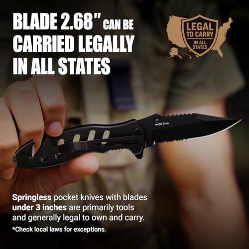 Compact Tactical Knife - 2.68" Serrated Blade - Black Folding Tool with Glass Breaker & Seatbelt Cutter