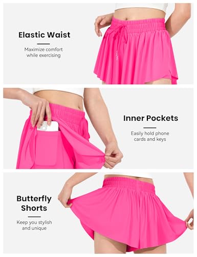 JOCMIC Girls Flowy Shorts 2-in-1 Preppy Butterfly Shorts with Spandex Liner, 10 Years, Black/Navy/Bright Red