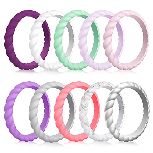 Silicone Wedding Ring for Women - Thin Braided Rubber Band - Deep Purple, White, Light Green, Light Purple, Pink, Purple, Gray, Watermelon