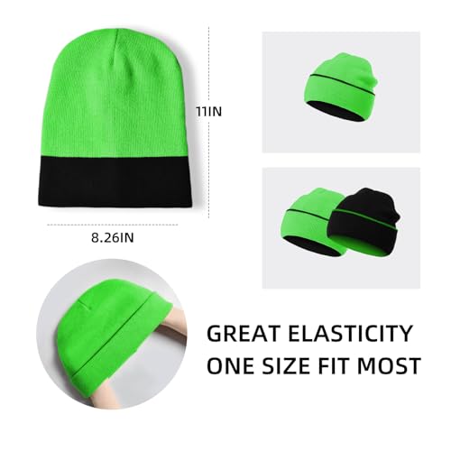 Unisex Reversible Winter Beanie - Knit Cuff Warm Hat - Black/Bright Green