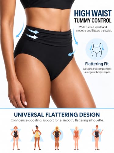 Women's High Waisted Black Bikini Bottoms Large High Cut Tummy Control Swimwear