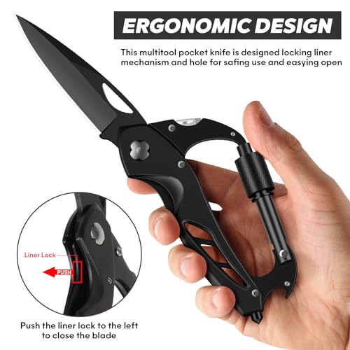 Multitool Carabiner with Pocket Knife - Black 6-in-1 Survival Gear
