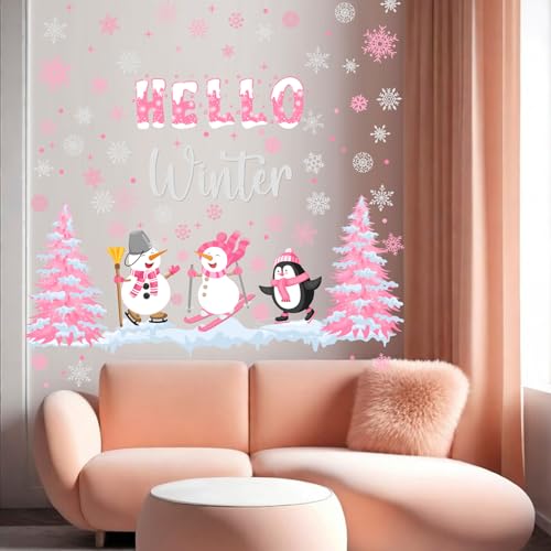 Kreatwow 2Pcs Pink Winter Wall Stickers Hello Winter Wall Decorations Pink Snowflake Snowman Themed Walls Clings Let It Snow Party Decor Snowflake Penguin Party Decal for Xmas Christmas Home Decor