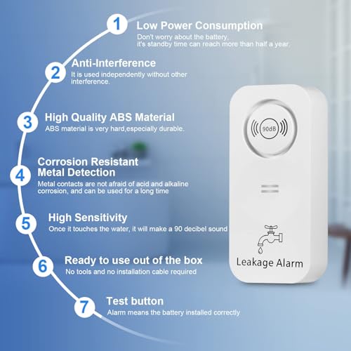 Water Sensor Alarm Leak Detector 90dB Adjustable Audio Alarm Sensor, Sensitive Leak and Drip Alert for Kitchen Bathroom Basement (2 Pack)