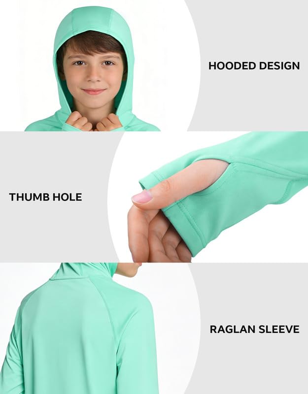 Boys Rash Guard Hoodie Long Sleeve Swim Shirt UPF50+ - Mint Green, 11-12 Years