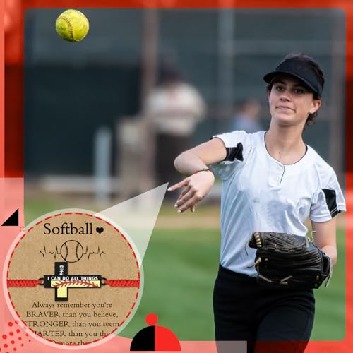 Adjustable Softball Charm Bracelet with Inspirational Card - Black