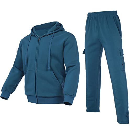 Bellnorth Men's XXL Teal Fleece Tracksuit Sets with Full Zip Hoodie and Cargo Sweatpants