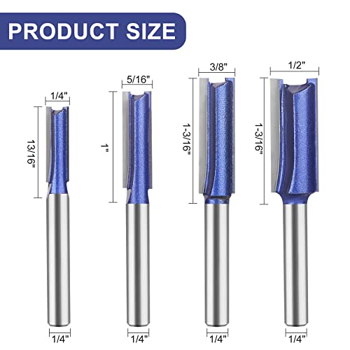 Professional Double Flute Straight Router Bits 1/4 Inch Shank, Flush Trim Router Bit Set, Cutting Diameter Respectively 1/4", 5/16", 3/8", 1/2".