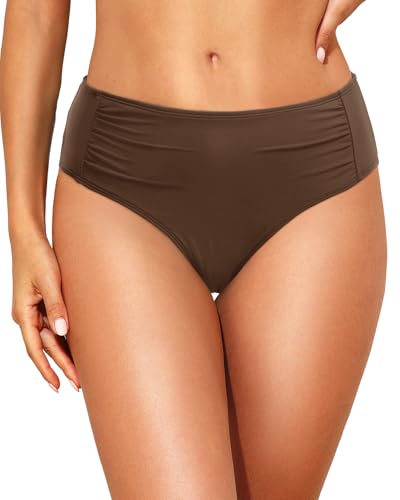Talisea Women’s Full-Coverage Bikini Bottoms, Mid Rise Ruched Swim Bottom, Brown, Size M