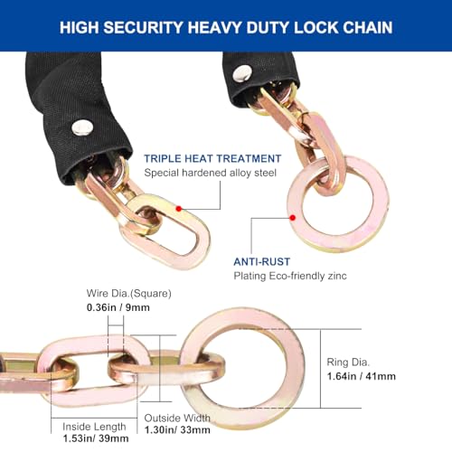 Heavy Duty Security Chain, 2FT x 3/8" Thick Hardened Steel Cut Proof Anti-Theft Lock Chain for Motorcycles, Bikes, ATVs, Trailers, Fences, etc.