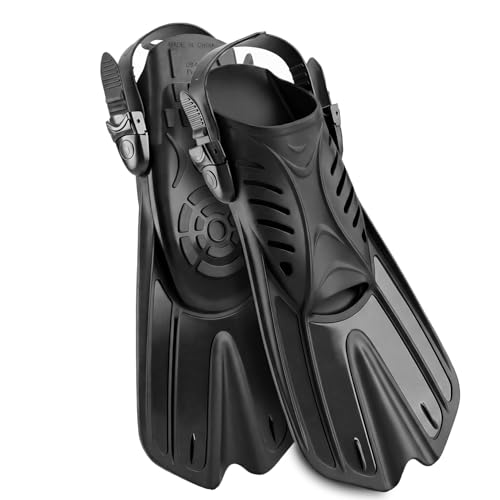 Adjustable Diving Fins for Adults - Open Heel Swim Flippers - Black L/XL