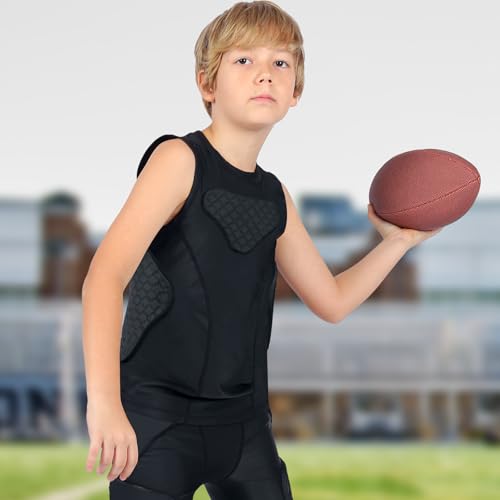 Youth Football Protective Vest Medium with 10mm Impact Pads, Breathable Compression Shirt for Kids