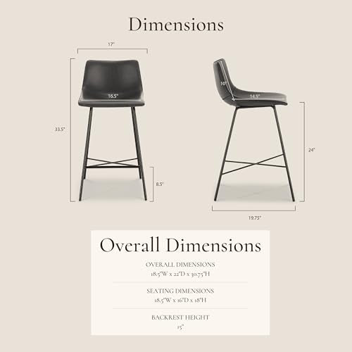 Counter Stools Set of 2 - 24 Inch Gray Faux Leather & Steel