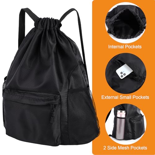 Drawstring Backpack Gym Bag - Large Capacity, Waterproof, Black