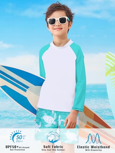 SunFocus Boys Long Sleeve Rash Guard Swimsuit Set 7-8 Years Green Turtle