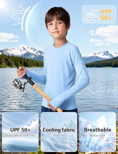 Boys UPF 50+ Long Sleeve Swim Shirt with Thumb Holes - Light Blue, X-Large
