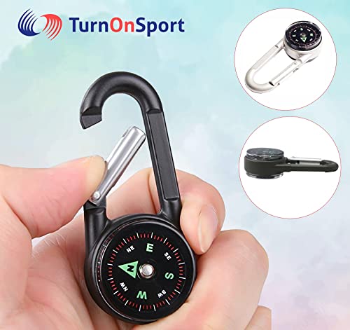 Compact Carabiner Clip Compass Keychain - 2 Pack Black & White