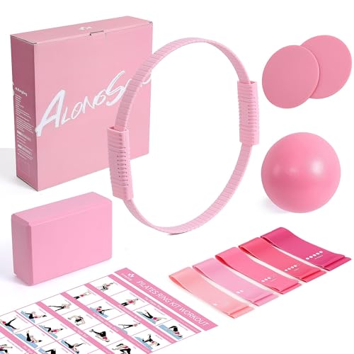 Pilates Kit for Women - 13.7in Silicone Ring, 5 Resistance Bands, Ball & Block