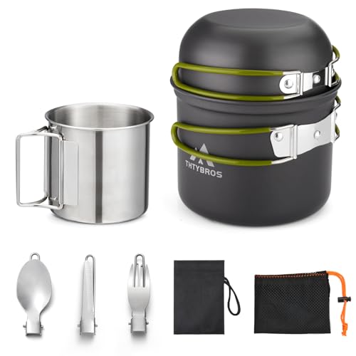 THTYBROS Green Camping Cookware Kit with Pots, Pans & Utensils for Backpacking