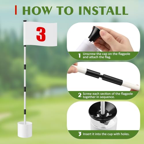 Burbell White 6ft Golf Flag Stick Set with 3 Nylon Flags and Hole Cups - Backyard Practice Accessories