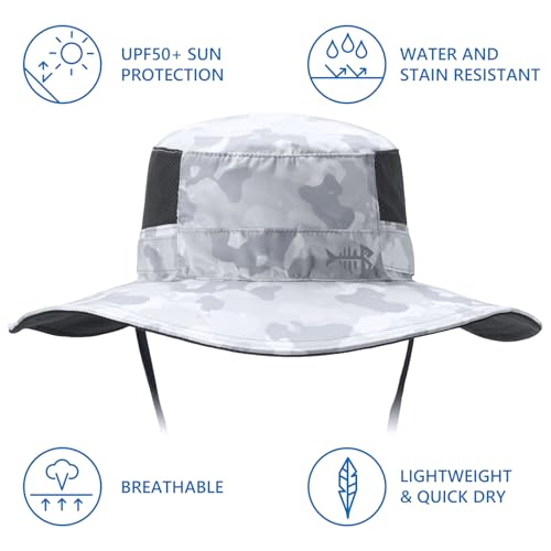 BASSDASH UPF 50+ Water-Resistant Wide Brim Sun Hat - Unisex Boonie for Hiking & Camping - Light Grey Camo Large