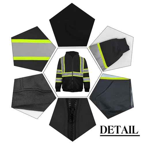 Hi Vis Safety Hoodie for Men ANSI Class 3, Reflective Jacket Zip Hoodie with Black Bottom for Construction Work