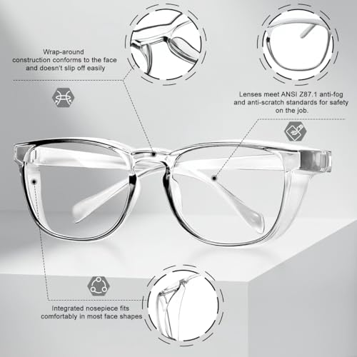 RTBOFY Ansi Z87.1 Clear Safety Glasses With Side Shields Anti Fog Scratch Resistant Stylish Eye Protection For Men
