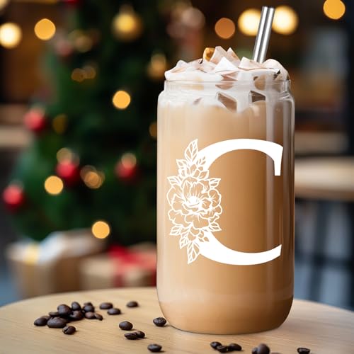 Coolife Monogrammed Glass Tumbler C - 16oz Personalized Coffee Cup with Lid, Gift for Women