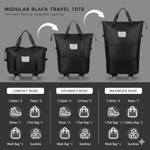 360° Spinner Wheel Duffel Bag - 3-in-1 Expandable Tote - Black