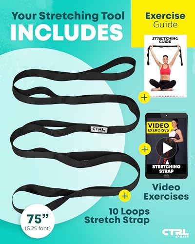 Non-Elastic Yoga Strap with 10 Loops - Stretching Band for Flexibility - Black