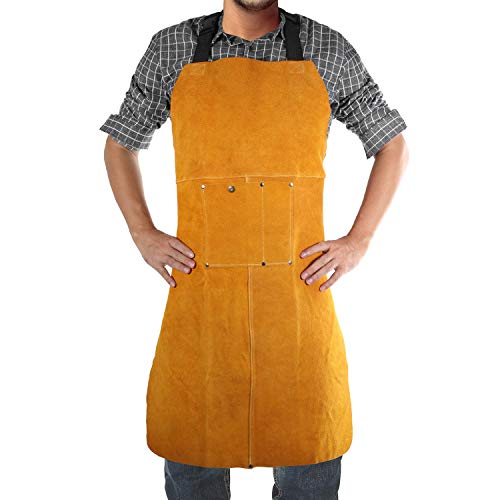Leather Welding Apron, Flame & Spark Resistant Bib, Safety Smock, Protective Clothing Gear for Blacksmiths, Welders & Woodworkers, 23x35 inches