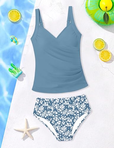 Girls Tankini Swimsuit - Twist V Neck, Ruched, Blue Floral, 15-16 Years