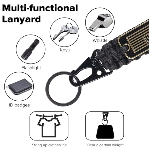 Heavy Duty Braided Paracord Lanyard Keychains - 2pcs Black+Green with USA Flag