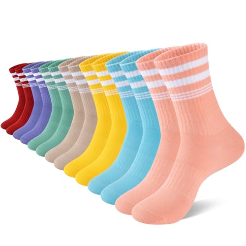 eallco 7 Pairs Multicolor Women’s Crew Cotton Socks – Striped Calf Socks, Breathable