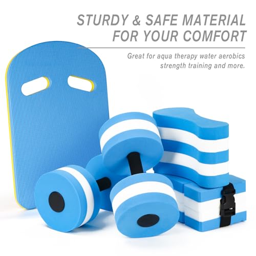 Water Aerobics Set - 5 Pieces Aquatic Exercise Equipment with Foam Dumbbell, Swim Kickboard, Pull Buoy & Swim Belt - Blue