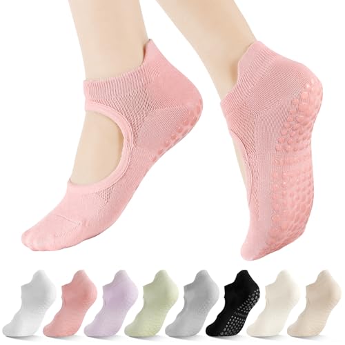 Non-Slip Yoga Socks for Women - 4 Pairs in Beige, Black, Pink, Light Purple