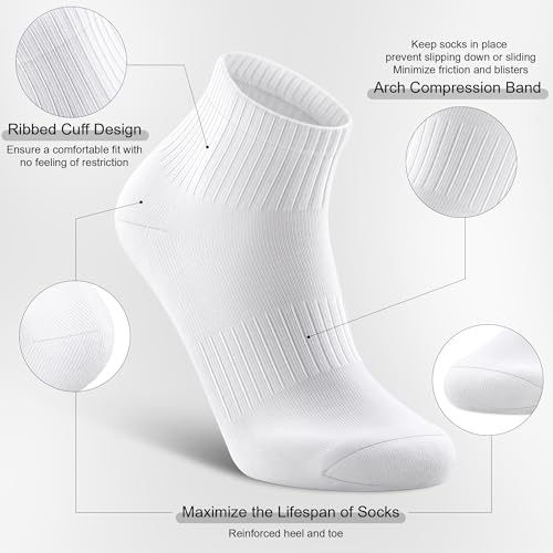 Airacker Unisex Athletic Quarter Socks 6 Pairs - White, Cushion, Breathable, Size 9-12