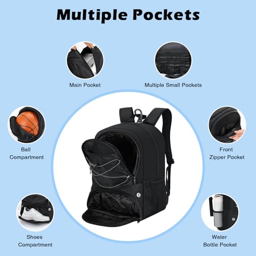 MoKo Basketball Bag Backpack with Ventilated Shoes & Ball Compartments - Black