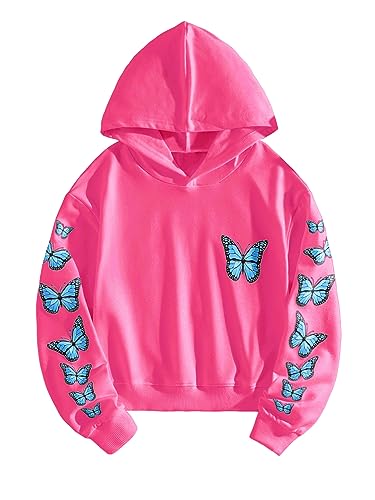 Butterfly Print Long Sleeve Hoodie Crop Top - Hot Pink, 12 Years