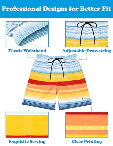 Sarfel Boys Swim Trunks with Compression Liner - Kids Board Shorts, Quick Dry, 14-16 Years, Blue Red Orange Stripes