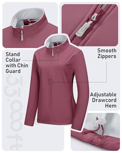 Women's Waterproof Softshell Jacket - Lightweight Fleece Lined Coat, 33,000ft, Dusty Rose, Small