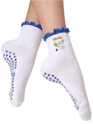 Women's Non-Slip Pilates Socks with Ruffle Cuff & Embroidery - Blue