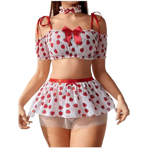 Kawaii Strawberry Print Lingerie Set for Women - Red, X-Large