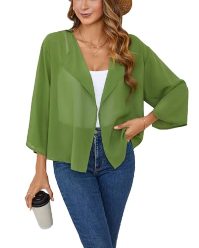 Chiffon Kimono Cardigan - Loose Open Front Bolero - Large Deep Green