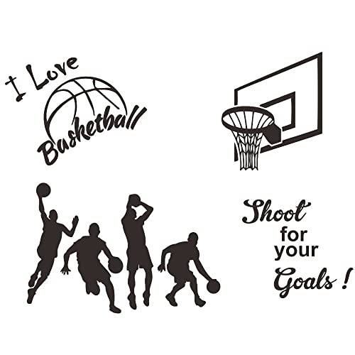 Basketball Wall Sticker for Boys Room - Action Silhouettes & Hoop Design with ¡°I Love Basketball¡± Quote - Removable Vinyl PVC Decal for Bedroom, Playroom, Sports Decor - 32x23 Inch JWH178 (Black)