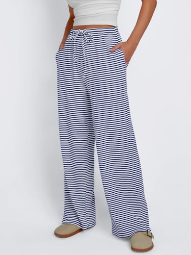 Trendy Queen Women’s Blue White Striped Wide Leg Pants Medium Fall Casual Baggy Sweatpants